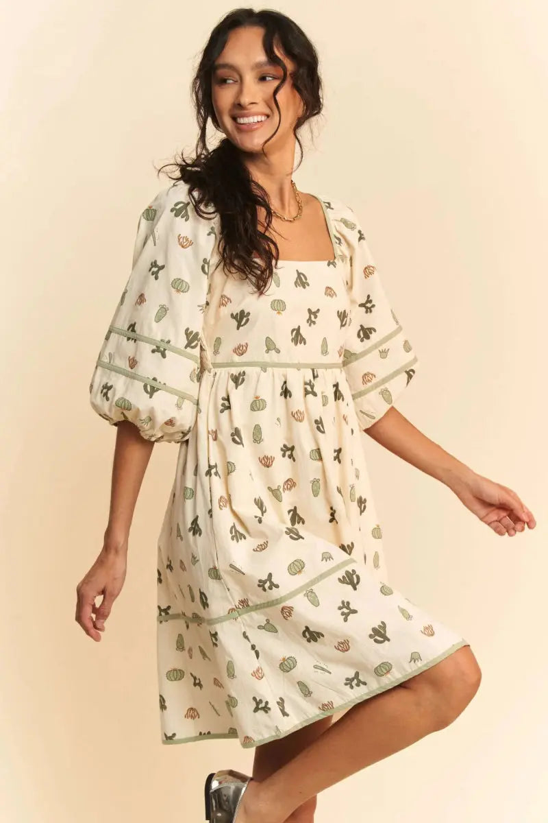 Davi & Dani Cactus Printed Poplin Contrast Piping Mini Dress - Love Salve